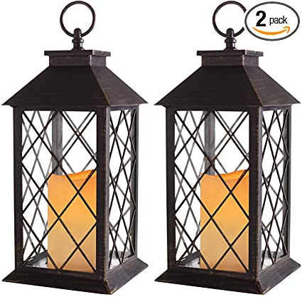 Bright Zeal 2-Pack 14" Distressed Bronze Vintage Candle Lantern with LED Flickering Flameless Candle - Outdoor Hanging Lanterns with Timer Candles - Tabletop Lantern Decorative LED Candle Lantern