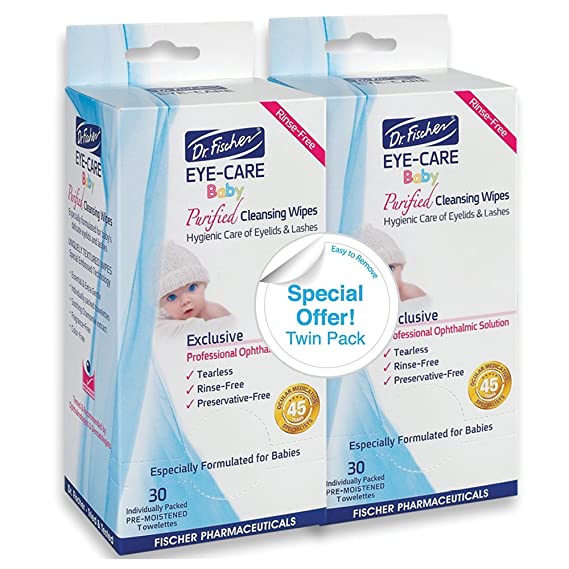 Purified, Non Irritating, Hypoallergenic & Sensitive Approved Baby Eyelid Wipes by Dr. Fischer – Pre-moistened, Rinse Free and Pediatrician Recommended (Twin Pack)