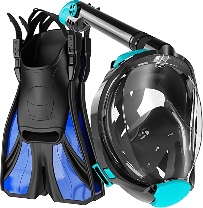 COZIA DESIGN Snorkel Set Adult - Full Face Snorkel Mask and Adjustable Swim Fins, 180° Panoramic View Scuba Mask, Anti Fog and Anti Leak Snorkeling Gear