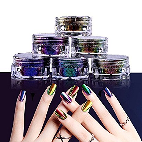 PrettyDiva Mirror Nail Powder Kit, 6 Colors Metallic Chrome Nail Pigment Mirror Effect (Top-grade)