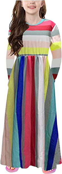 Miss Bei Girl's Summer Short Long Sleeve Stripe Floral Printed Holiday Dress Maxi Dresses with Pocket Size 3-16T