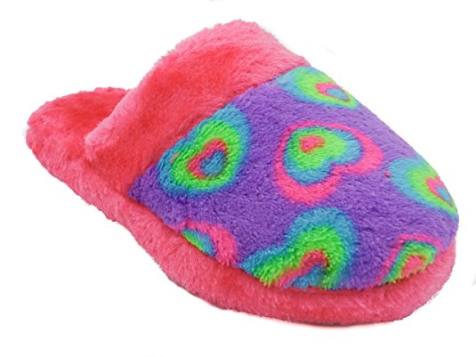 Girls Printed Plush Slippers with Faux Fur Trim and Lining - Assorted Colors