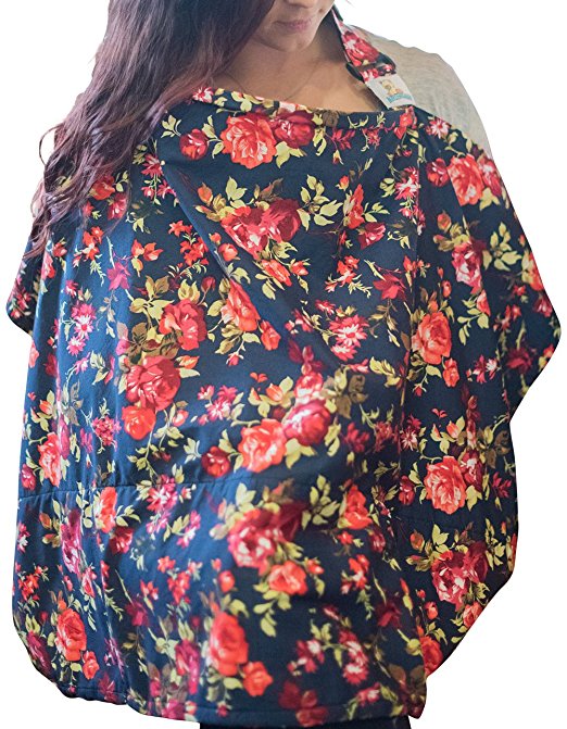 Vintage Navy Floral Nursing Cover with Built In Burp Cloth for Breastfeeding Infants | FREE Matching Pouch | Peekaboo Opening for Baby Eye Contact | Cover Ups Newborn and Mother for Privacy