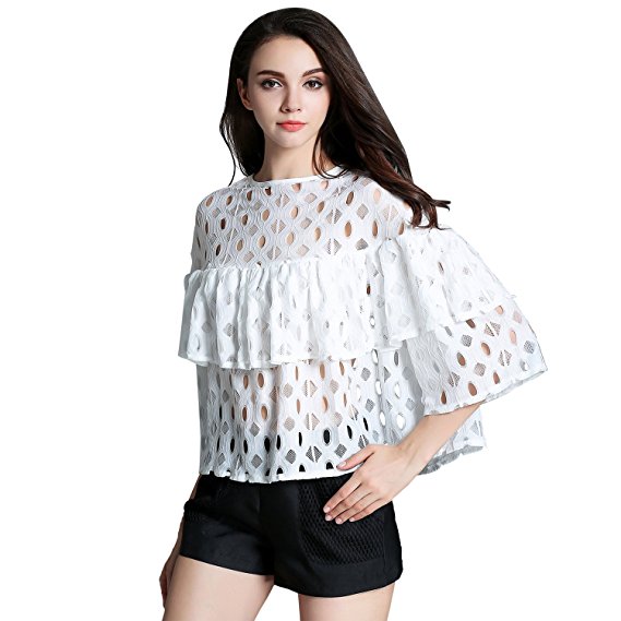 BLDO Women's Summer Loose Ruffles Lace Blouse Shirt Tops White