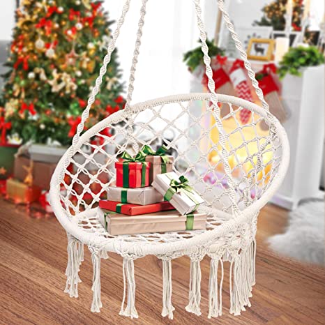 Ohuhu Hammock Chair Macrame Swing with Hanging Hardware Kit, Hanging Cotton Rope Macrame Hammock Swing Chairs, 265 Pound Capacity (Cushion is not Included) Valentine's Day Gift Idea