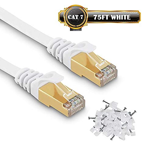 Cat 7 Ethernet Cable 50 ft - 10GB fastest Shielded RJ45 Computer Internet Network Cable - Flat Patch Cable for Modem Router LAN (White 75 ft)