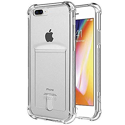 ANHONG iPhone 7 Plus / 8 Plus Clear Case with Card Holder, [Slim Fit][Wireless Charger Compatible] Protective Soft TPU Shock-Absorbing Bumper Case with Soft Screen Protector