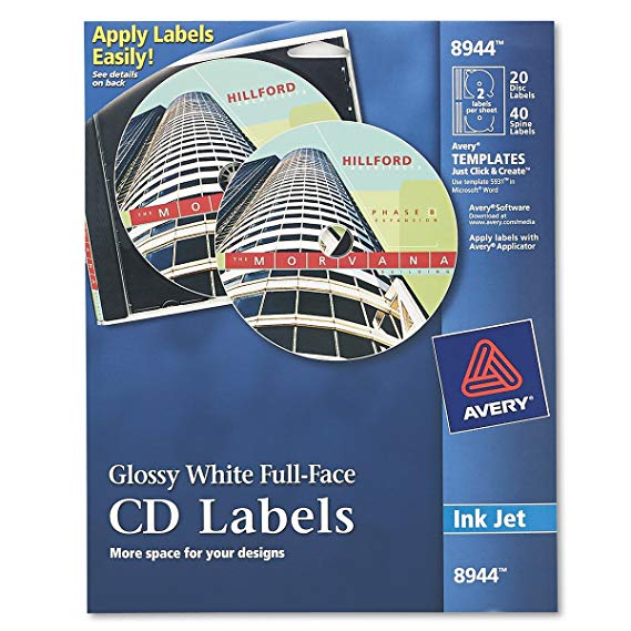 Avery Full-Face CD Labels for Inkjet Printers, Glossy White, 20 Disc Labels and 40 Spine Labels (8944)