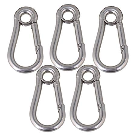 CNBTR  50mm Silver M5 Carabiner Spring Camping Climbing Lock 304 Stainless Steel Snap Hook Eyelet Link Pack of 5