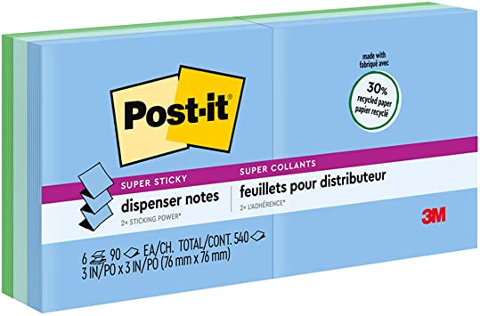 Post-it Super Sticky Pop-up Notes, 3x3 in, 6 Pads, 2x the Sticking Power, Bora Bora Collection, Cool Colors (Green, Light Blue, Blue, Mint, Green), Recyclable (R330-6SST)