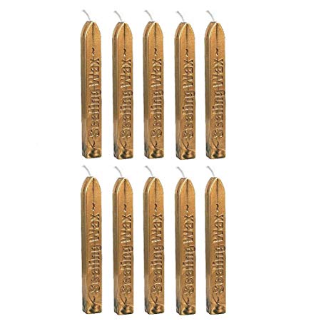 UNIQOOO Arts & Crafts Pack of 10 Glossy Antique Gold Sealing Wax Sticks with Wick for Wax Seal Stamp, Great for Embellishment of Cards Envelopes, Wedding Invitations, Valentine's Day Gift Ideas