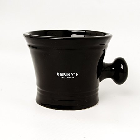 SHAVING BOWL – From Benny’s of London – Ceramic Black Mug for Shave Soap and Cream – Apothecary Style Handle for Whipping the Best Foam Lather with your Shaving Brush