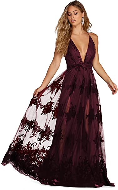 Windsor Long Formal Tulle Dress, V-Neck Floral Flocked-Velvet Long Formal Dress with High Front Lining Slits