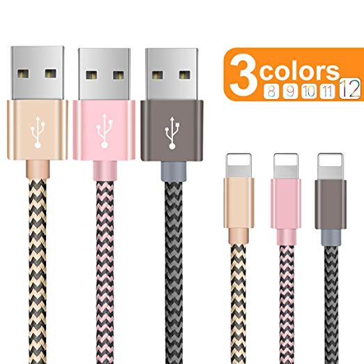 Charger Cable for lPhone, Charger Cord 3 Pack  (3FT & 5FT & 5FT) Nylon Braided Charging Cord Compatible Phone xs/xsmax/xr/8/8plus/7/7plus/6/6plus pad pod & More(Gold/Pink/Grey)