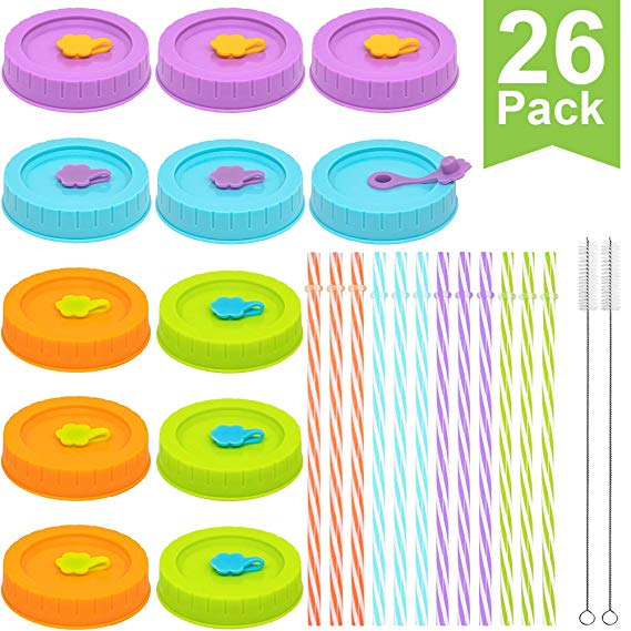 Regular Mouth Mason Jar Lids with Straw Hole/Straws/Silicone Stoppers/Silicone Rings/Cleaning Brush, Plastic Canning Lids 26 Pack for Drinking & Food Storage, Rust-proof & BPA Free(Candy Colors)