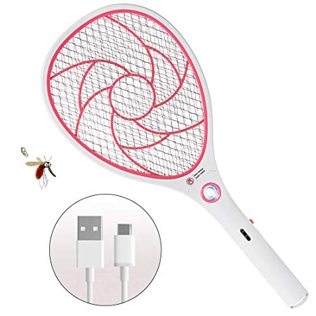 Bug Zapper Racket,Electric Fly Swatter,Rechargeable Mosquito Fly Killer - USB Charging - 3000 Volt - Bright LED Light - Unique 3-Layer Safety Mesh Safe(Red)