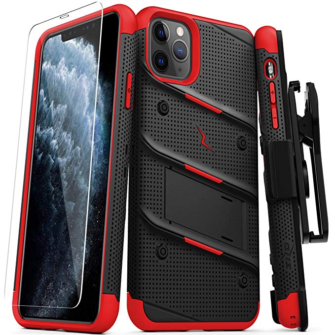 ZIZO Bolt Series iPhone 11 Pro Case - Heavy-Duty Military-Grade Drop Protection w/Kickstand Included Belt Clip Holster Tempered Glass Lanyard - Black/Red