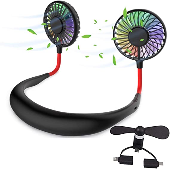 Hands Free Portable Neck Fan with Mini Phone Fan, 2000mAh Rechargeable Personal Fan Battery Operated Fan 3 Speeds 360 Degree Adjustable for Office Home Travel Indoor Outdoor