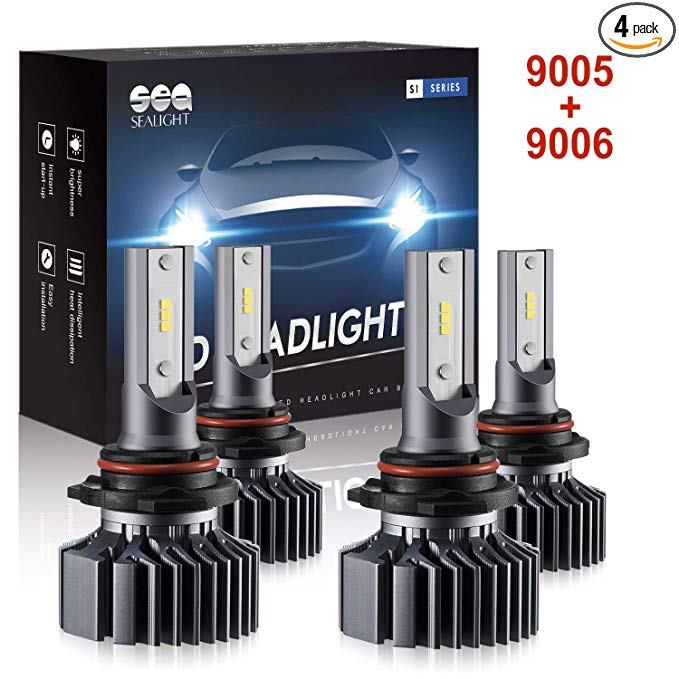 SEALIGHT 9006 HB4 9005 HB3 LED Headlight Bulbs,Combo Package (2 sets) Seoul CSP Led Chips-12000LM Hi Lo Beam 6000K Xenon White,1 Yr Warranty