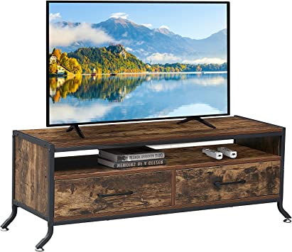 VECELO Industrial TV Stand, Television Cabinet with Open Storage Console Entertainment Center, Coffee Table with Metal Frame for Living Room, 47.2"x 15.7"x17.7", Vintage Brown