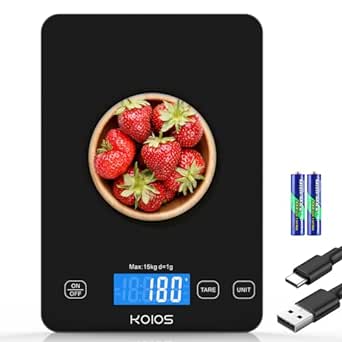 KOIOS Food Scale, 33lb/15kg Digital Kitchen Scale Grams and Ounces for Cooking Baking, 1g/0.1oz Precise Graduation, Type-C Charging, Tare Function, AAA Battery Included(Black)