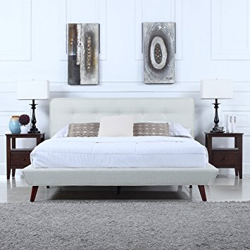 Mid-Century Ivory Linen Low Profile Platform Bed Frame with Tufted Headboard Design (Queen)