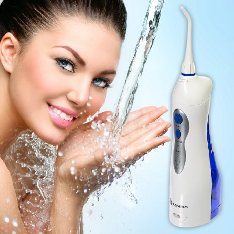 TOP RATED Water Flosser - FDA APPROVED - Cordless Rechargeable Oral Irrigator NO BATTERIES OR ELECTRICITY NEEDED - Best Dental Care Flossing Water Jet - Pulsation Technology - 2 Replacement Nozzles