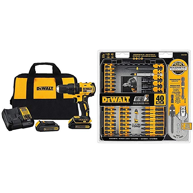 DEWALT DCD777C2 20V Max Lithium-Ion Brushless Compact Drill Driver with DWA2T40IR IMPACT READY FlexTorq Screw Driving Set, 40-Piece