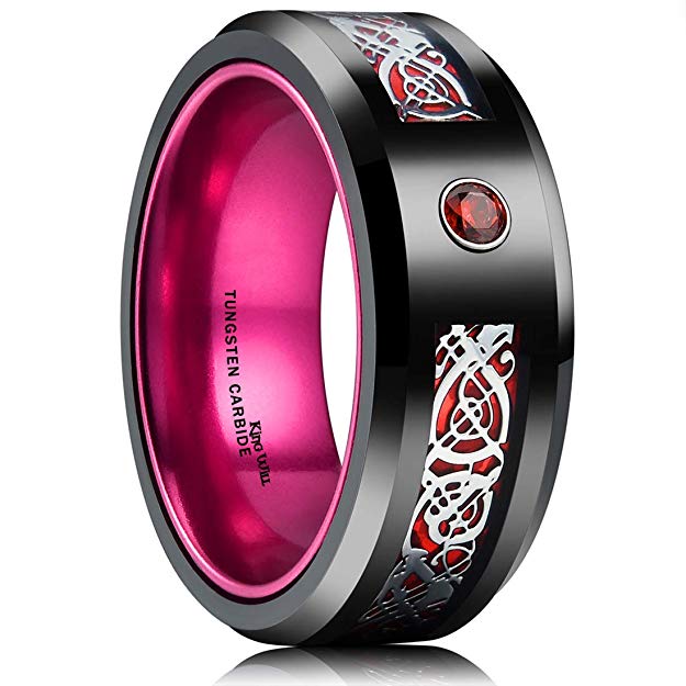 King Will GEM 8mm Mens Celtic & Red Cubic Zircon Inlay Black Tungsten Carbide Wedding Ring Comfort Fit