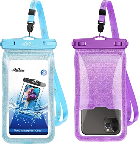 MoKo Waterproof Phone Pouch Holder Floating 2-Pack, IPX8 Glitter Waterproof Case Dry Bag Compatible for iPhone14 13 12 11 Pro Max X/Xr/Xs/8/7/6/SE 3, Galaxy S20/S21, Purple & Light Blue