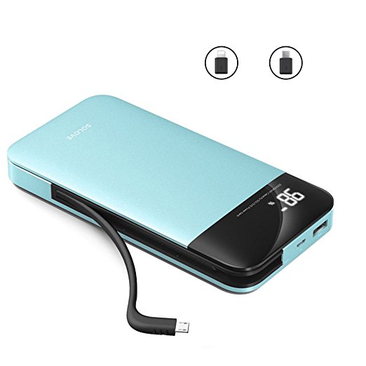 Solove 20000mAh Power Banks Portable Charger with Built-in Cable Lightning Adapter Dual Output External Battery Pack with LED Display for iPhone, Android Phones,Different Electronic Devices (Blue)