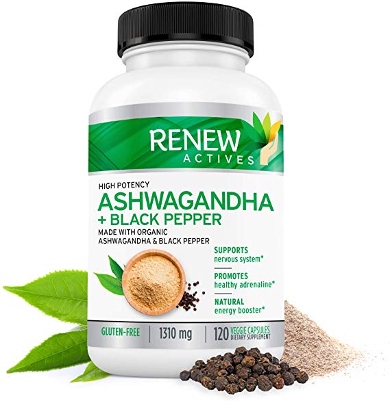 Renew Actives Organic Ashwagandha Capsules: 1300 Mg of Ashwagandha with 10 Mg of Black Pepper - Powerful Herbal Supplement to Help Reduce Anxiety and Support Energy Levels - 120 Veggie Supplements