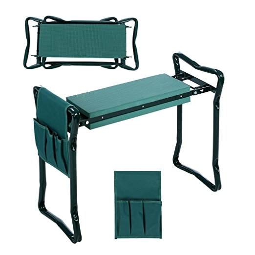 Folding Garden Kneeler and Seat with Bonus Tool Pouch, JQstar Portable Portable Garden Stool With EVA Kneeling Pad Handles (Green)