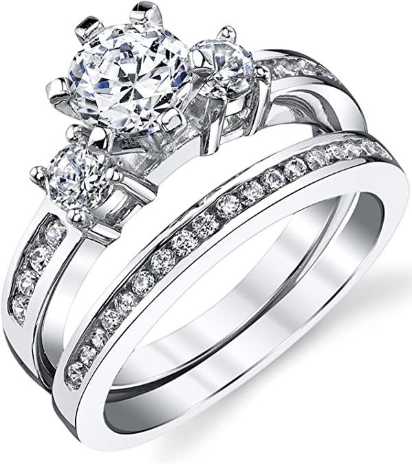 Sterling Silver Cubic Zirconia 1.15 Carat TW Round Cut Wedding Engagement Ring 2 Piece Set Band