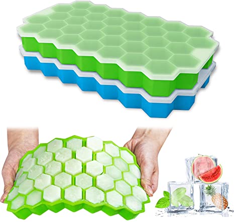 Ice Cube Trays, Ouddy 2 Pack Silicone Ice Cube Molds with Removable Lid, Totally 74-Ice Trays for Whiskey, Cocktail, Stackable Flexible - Green Blue