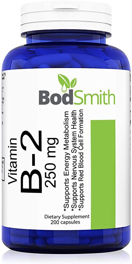 BodSmith Vitamin B2 (Riboflavin) 250mg Per Capsule. 200 Pills Over A 6 Month Supply. Non GMO