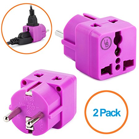 Yubi Power 2 in 1 Universal Travel Adapter with 2 Universal Outlets - Built in Surge Protector - 2 Pack - Purple - Shucko Type E / F for France, Germany, Spain, Sweden, Turkey, Ukraine and More!