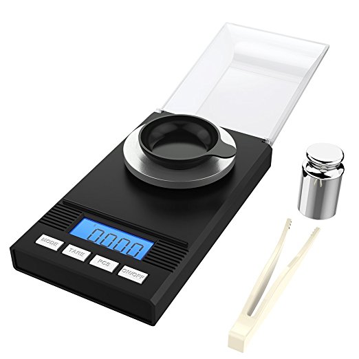 Homgeek Digital Milligram Scale High Precision 50g x 0.001g Mini Electronic Balance Powder Scale for Lab Jewelry Gold Gems Diamond Coin with Calibration Weight Tweezer and Weighing Pan