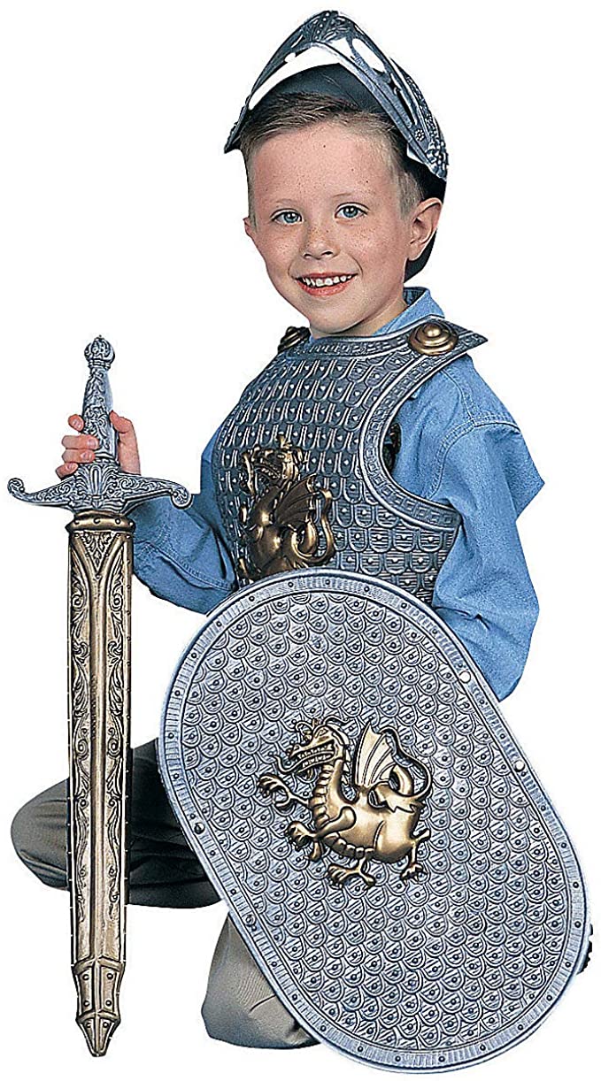 Knight Play Set for Kids (5 Piece Costume Set) Helmet, Chest Piece, Shield and Sword Silver