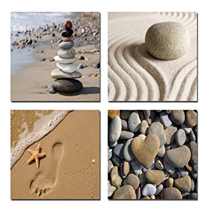 Wieco Art Giclee Canvas Prints Wall Art Romantic Beach Theme Zen Stone Pictures Paintings for Living Room Kitchen Home Decor Large Modern 4 Panels Stretched and Framed Seascape Sea Beach Artwork L