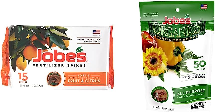 Jobe's, 01612, Fertilizer Spikes, Fruit and Citrus, Includes 15 Spikes, 12 Ounces, Brown &, Fertilizer Spikes, All-Purpose, 50 Count, Flowers, Trees, Fruit, Nut, Shrubs, Vegetables