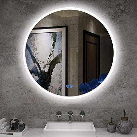 LStripM Bathroom LED Lighting Mirror R24’ With Anti-fog Function Wall Mounted Backlit Thickness 5MM Round Dimmable Touch Button 6000k（Cold White）Makeup Vanity Mirror Over Cosmetic Bathroom Sink