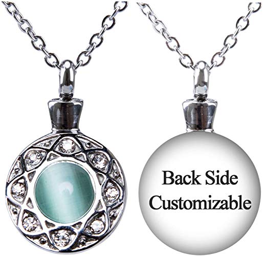 Fanery Sue Personalized Custom Cremation Urn Necklace for Ashes Memorial Stainless Steel Pendant W/Cat Eye Stone