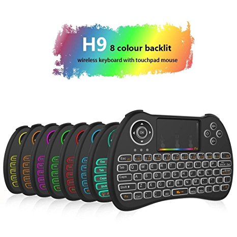 Wireless Keyboard, Tripsky H9  2.4GHz Colorful Backlit Wireless Mini Keyboard,Handheld Remote with Touchpad Mouse for Android TV Box, Windows PC, HTPC, IPTV, Raspberry Pi, XBOX 360, PS3, PS4(Black)