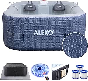 ALEKO Lucca 4-Person Inflatable Jetted Hot Tub | 120 Soothing Bubble Jets | Energy Efficient Cover | LED Lights with 7 Lights | 360-Degree Bubble Massage | 158 Gallon Water Capacity