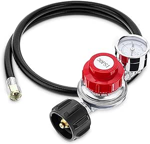 Welltop 4FT Propane Hose with Regulator, High Pressure 0-30 PSI QCC1 Propane Tank Adapter Hose 20lb to 1lb Converter with Gauge for Most LP Gas Grill Heater Fire Pit Table, 3/8" Female Flare Nut