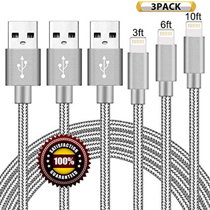 BULESK Phone Cable 3Pack 3FT 6FT 10FT Nylon Braided Phone Charger Cord Compatible with Phone Xs/XS Max/XR/X/Phone 8 8 Plus 7 7 Plus 6s 6s Plus 6 6 Plus Pad Pod Nano - Grey