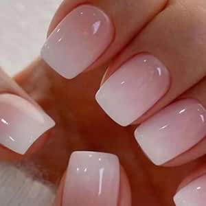 Short Press on Nails Pink Fake Nails Pink Gradient White False Nails with Gradient Color Designs Square Shaped Glue on Nails Pink Nude Stick on Nails Full Cover Acrylic Nails Glossy Artificial Nails