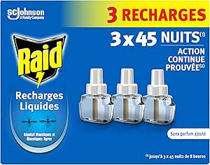 Raid Recharges Diffuseur Electrique Liquide - Répulsif Anti-Moustiques et Moustiques Tigres 45 Nuits - Sans Parfum Ajouté - 3 Recharges