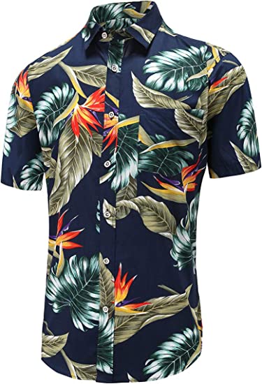 Dioufond Mens Hawaiian Shirts Cotton Short Sleeve Hawaiin Shirt for Men